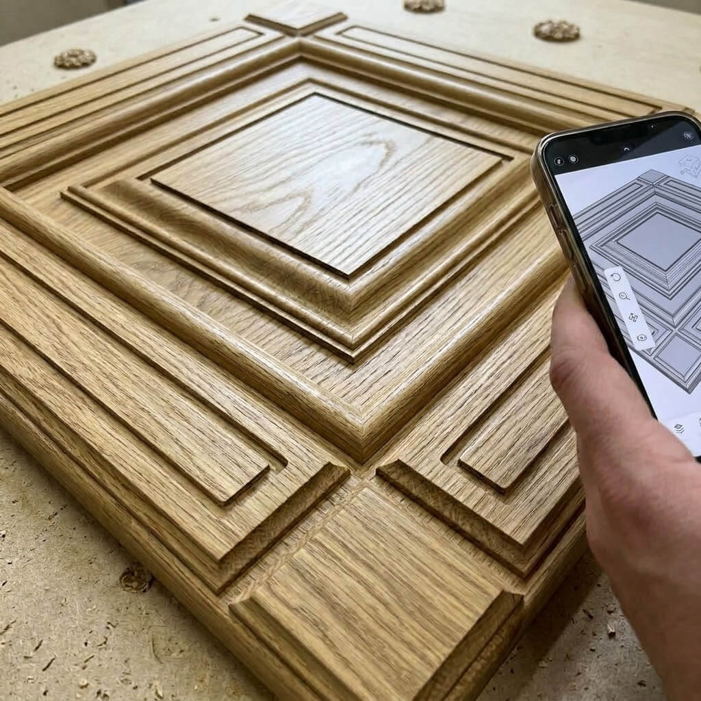 Готовый дубовый фасад и его 3D-модель на экране телефона